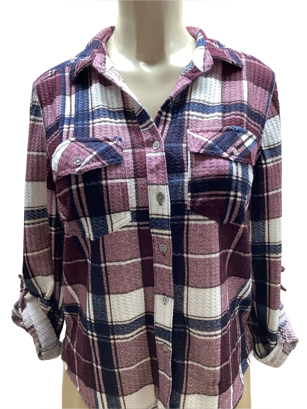 Eden & Olivia Size Petite Medium Plaid Shirt in Plum, Navy & Ivory. New With Tag